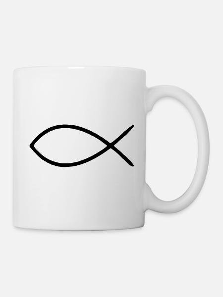 Signe chrétien de poisson fait sur un vieux t-shirt - Mug blanc - blanc