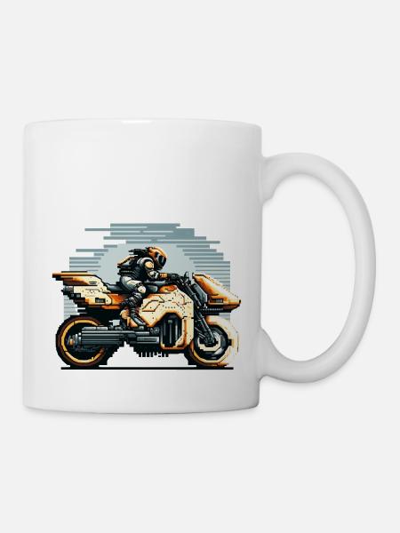 Eine Bikerin fährt das 8 Bit Motorrad der Zukunft - Tasse - Weiß