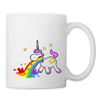 Cartoon Einhorn beim Kotzen von bunten Regenbogen - Tasse - Weiß - Rechts