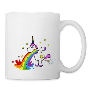 Lustiges Einhorn kotzt einen bunten Regenbogen - Tasse - Weiß - Rechts