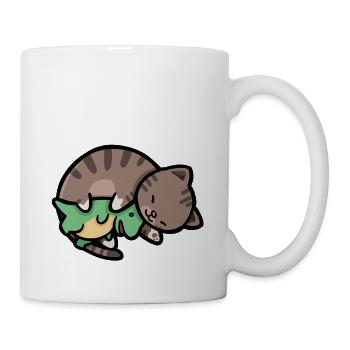hugadino Katze mit Dino, süßer Dinosaurier, T-Rex - Tasse - Weiß - Rechts