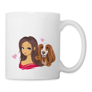 Niedliches Porträt eines Mädchens mit einem Cockerspaniel-Hund - Tasse - Weiß - Rechts