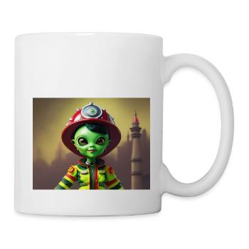 niedliche kleine grüne Retro Vintage Alien Feuerwehrmann - Tasse - Weiß - Rechts