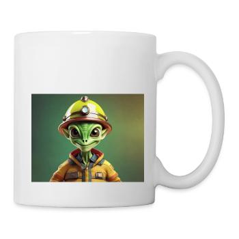 niedliche kleine grüne Retro Vintage Alien Feuerwehrmann - Tasse - Weiß - Rechts