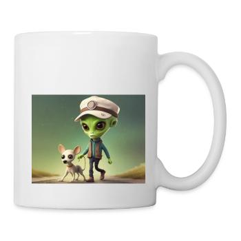 cute little green retro alien take the dog out - Mug - white - Right