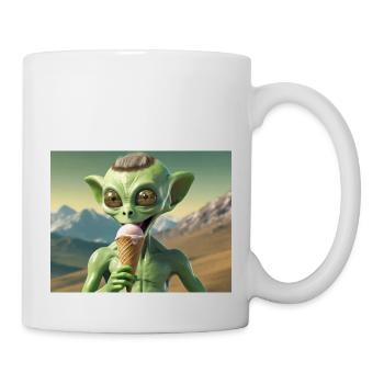 Grauer Außerirdischer auf der Mondoberfläche – Eis essen - Tasse - Weiß - Rechts