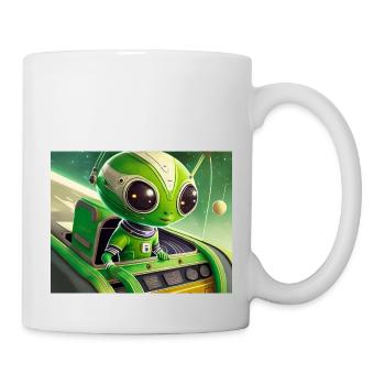 cute little green retro vintage alien flying a UFO - Mug - white - Right