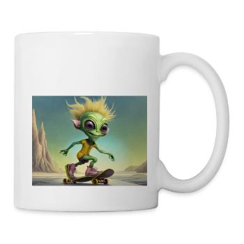 niedliches kleines grünes Retro Alien Skateboarden - Tasse - Weiß - Rechts