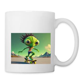 niedliches kleines grünes Retro Alien Skateboarden - Tasse - Weiß - Rechts