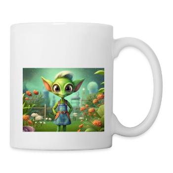cute little green retro alien working garden - Mug - white - Right