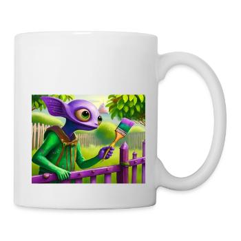cute little green vintage alienpainting a fence - Mug - white - Right