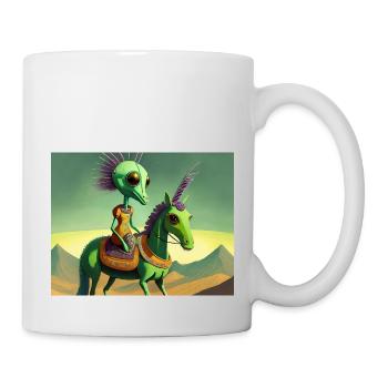 niedliches kleines grünes Retro-Alien reitet auf einem Pferd - Tasse - Weiß - Rechts