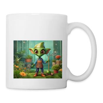 cute little greenvintage alien working garden - Mug - white - Right