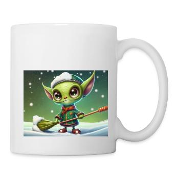 cute little green retro alien shoveling snow - Mug - white - Right