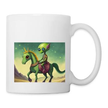 niedliches kleines grünes Retro-Alien reitet auf einem Pferd - Tasse - Weiß - Rechts