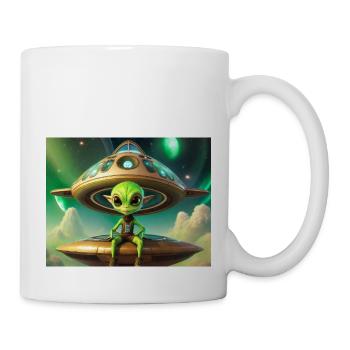 cute little green retro vintage alien flying a UFO - Mug - white - Right