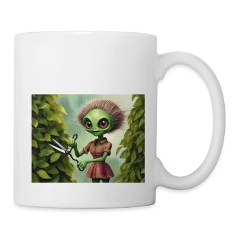 cute little green retro alien working garden - Mug - white - Right