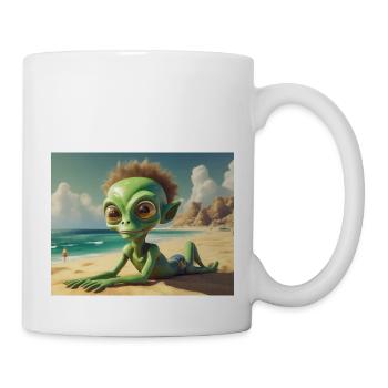 niedliche kleine grüne retro vintage alien sonnenbaden - Tasse - Weiß - Rechts