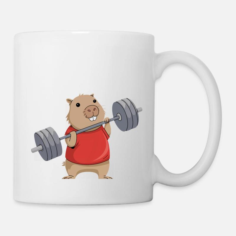 Mignon Capybara Haltérophilie Dessin Animé - Mug blanc - blanc