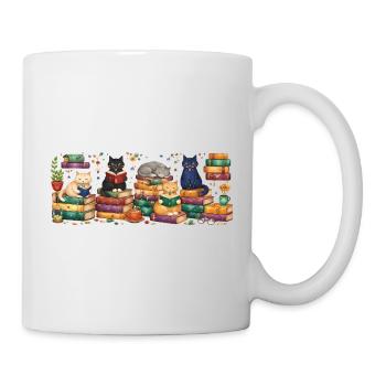 Lesende Katzen mit Bücherstapeln - Tasse - Weiß - Rechts