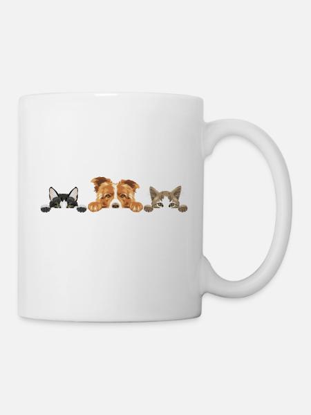 Niedlicher spähender Border Collie-Hund und zwei Katzen - Tasse - Weiß
