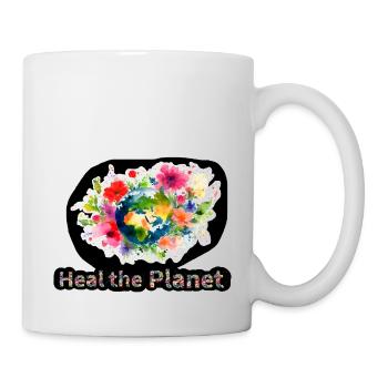 Heile den Planeten, Erdkugel umgeben von Blumen - Tasse - Weiß - Rechts
