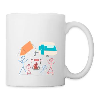 Camping Strichmännchen Zelt Mohnwagen Lagerfeuer - Tasse - Weiß - Rechts