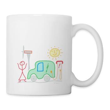 E-Auto Strichmännchen Frau Windrad Ladesäule Sonne - Tasse - Weiß - Rechts
