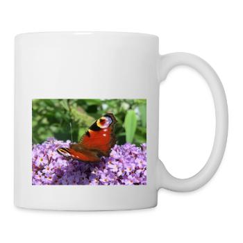 Close up of Peacock Butterfly on purple flowers - Mug - white - Right