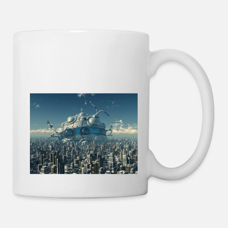 Riesiges Raumschiff in einer Großstadt - Tasse - Weiß