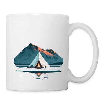 Tent around the campfire in the mountains with snow - Mug - white - Right