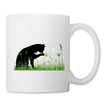 Frühlingsdesign - Katze in Blumenwiese - Tasse - Weiß - Rechts