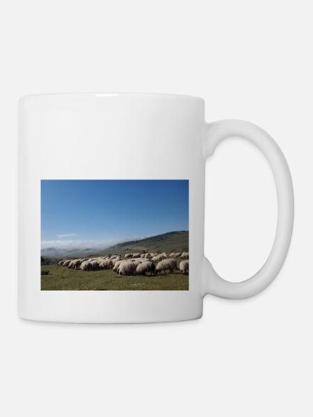 Sheep, flock of sheep, mountains, meadows - Mug - white
