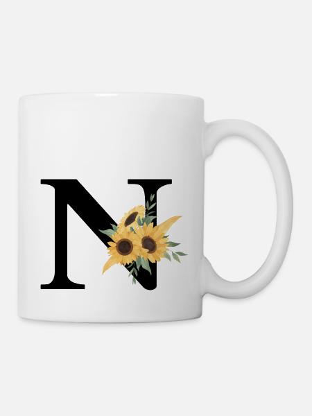 Buchstabe n blumige Sonnenblume - Tasse - Weiß