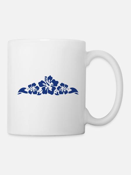 Hibiscus and Leaves - Blue - Mug - white