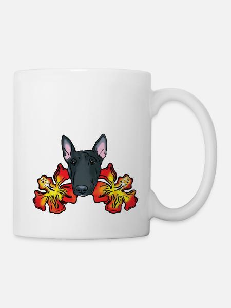 Bullterrier mit Hibiskusblüten - Tasse - Weiß