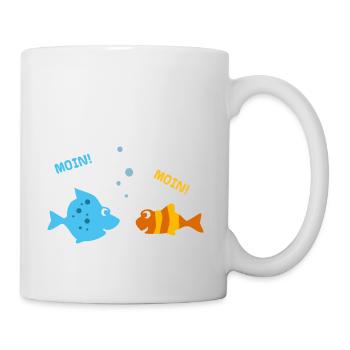 Lustige Fische machen Urlaub am Meer u. sagen Moin - Tasse - Weiß - Rechts