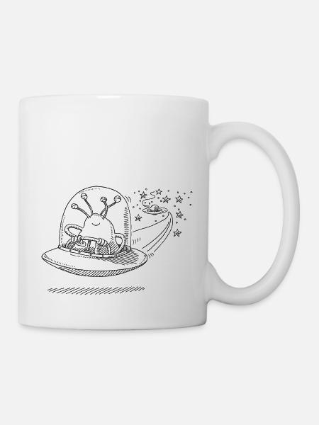 Funny Alien Monster Flying UFO in Space - Mug - white