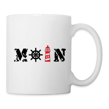 Moin mit Leuchtturm und Steuerrad - Tasse - Weiß - Rechts