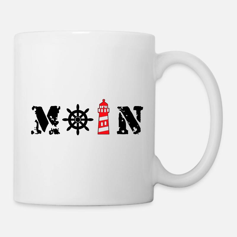 Moin mit Leuchtturm und Steuerrad - Tasse - Weiß