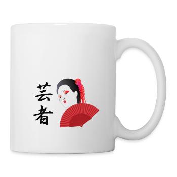 Geisha with caligraphy becomes Geisha and handfan - Mug - white - Right