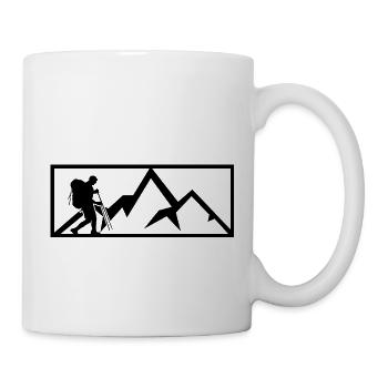 Hikers in front of stylized mountains - Mug - white - Right