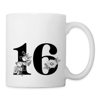 Nummer 16 Schwarze Blumen - 16. Blumenjubiläum - Tasse - Weiß - Rechts