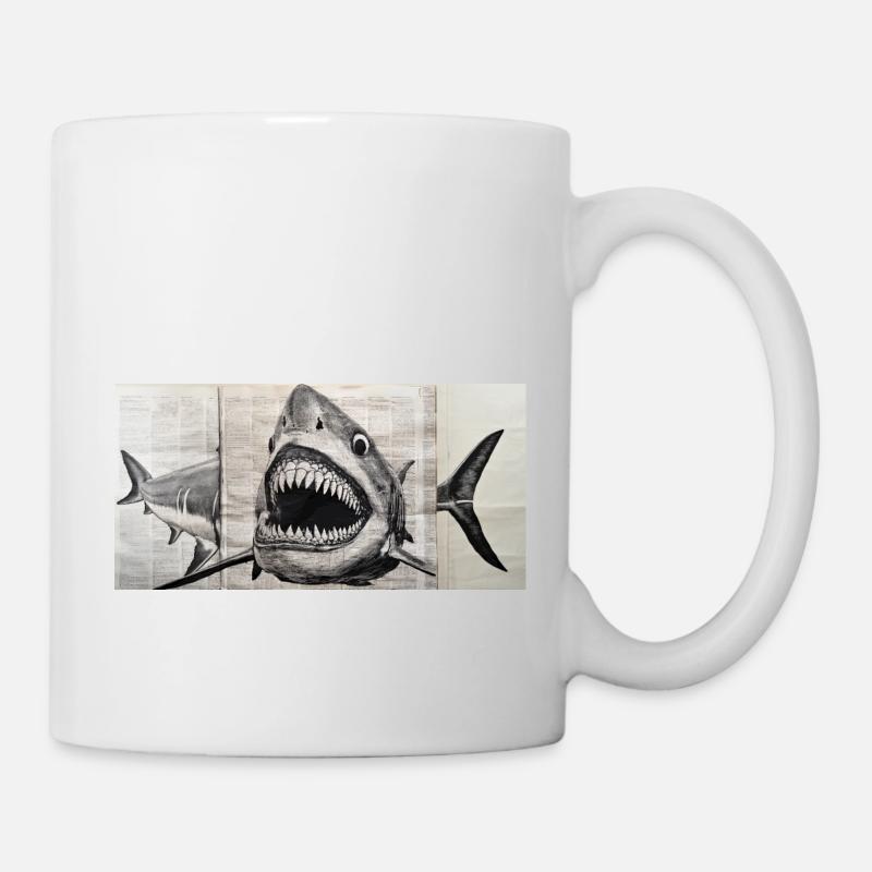 Grand Requin blanc - dessin à l’encre sur un vieux journal - Mug blanc - blanc