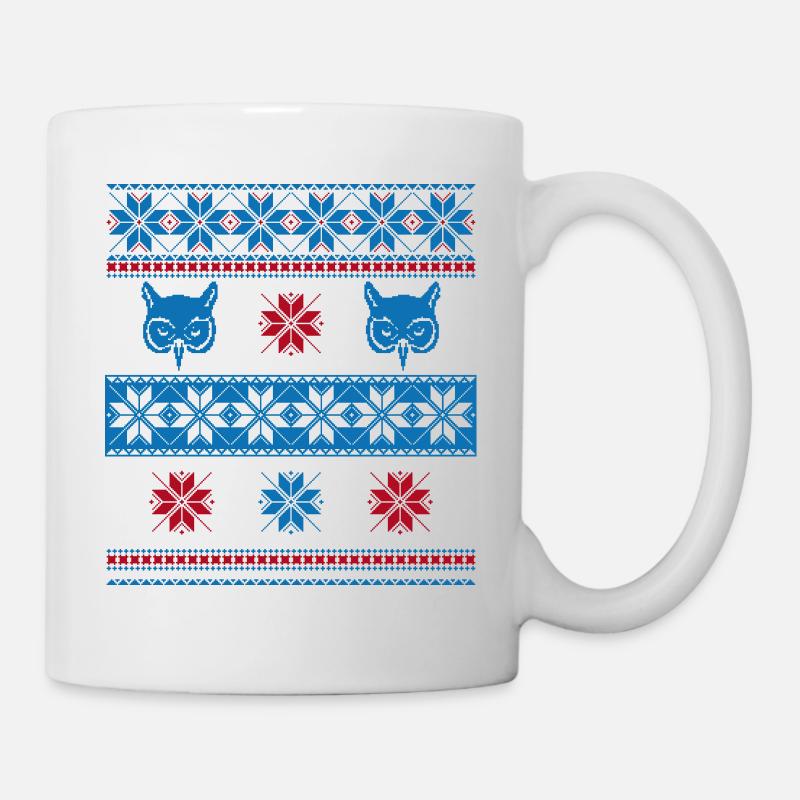 Norweger Pullover Eule Blau Rot - Tasse - Weiß