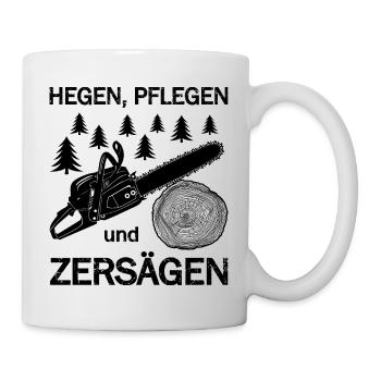 Motorsäge, Holz machen, Wald, Holzfäller, Fichten - Tasse - Weiß - Rechts