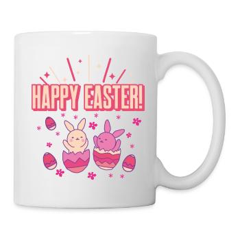 Frohe Ostern Happy Easter lustige Hasen aus dem Ei - Tasse - Weiß - Rechts