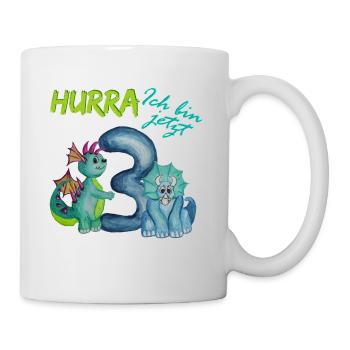 Dino, Geburtstag Hurra ich bin jetzt 3 Dinos - Tasse - Weiß - Rechts