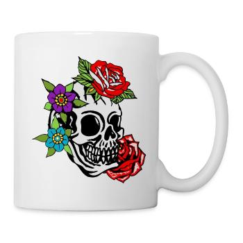 Kopf des Todes Blume rosa Blatt alte Schule Tattoo - Tasse - Weiß - Rechts