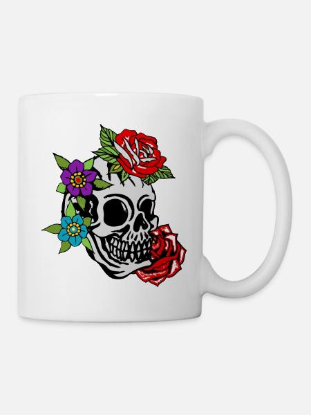 tete de mort fleur rose feuille old school tattoo - Mug blanc - blanc